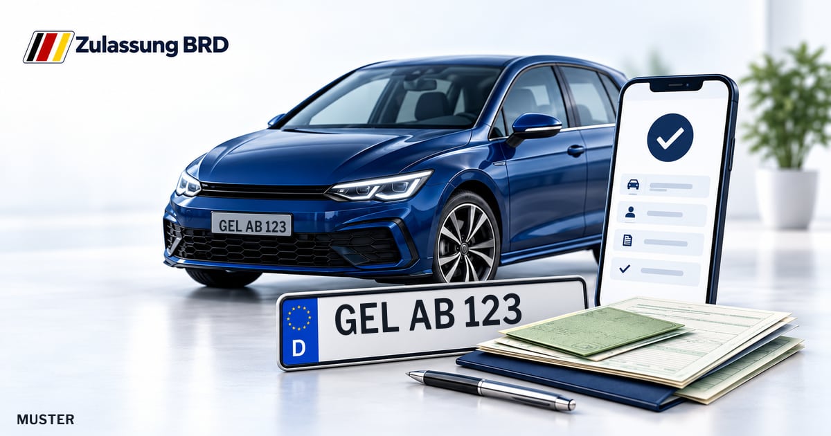 Online Fahrzeugzulassung in Straelen: Musterkennzeichen GEL AB 123, Auto und Fahrzeugpapiere und Smartphone. Illustration mit Logo von Zulassung BRD.
